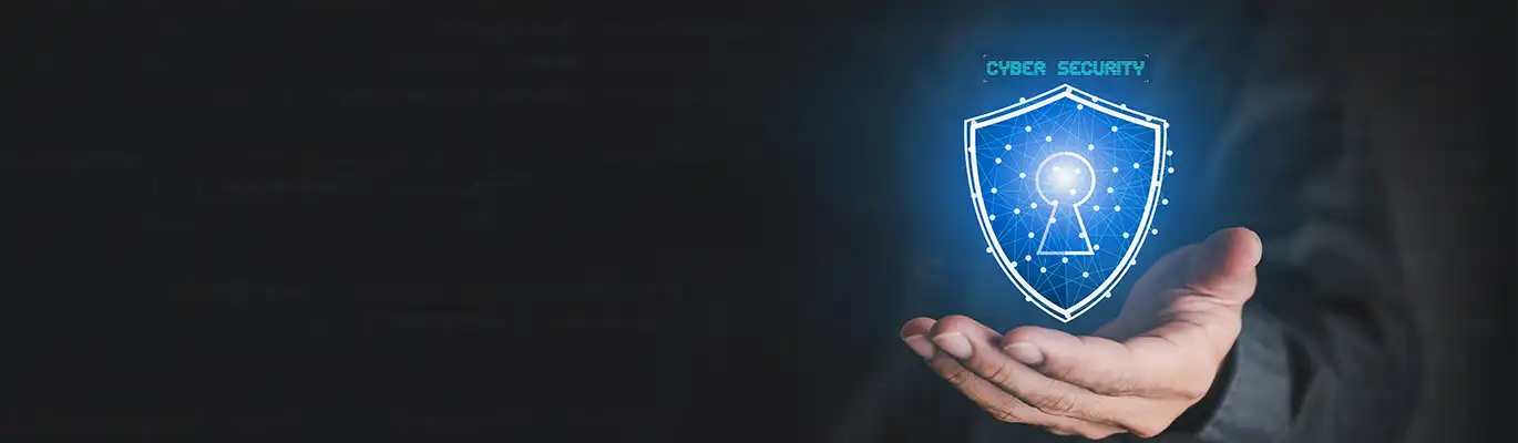 A hand of a forensics expert pops up holding a cybersecurity icon 