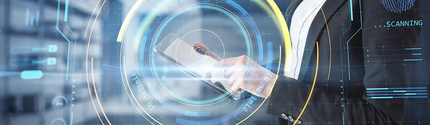 A Mobile forensics expert holding a mobile standing behind a transparent scanning screen 